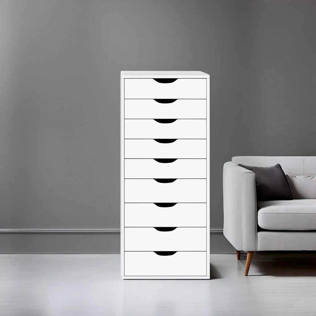 Étroite commode en bois à 9 tiroirs coulissants et étagère de rangement supérieure
