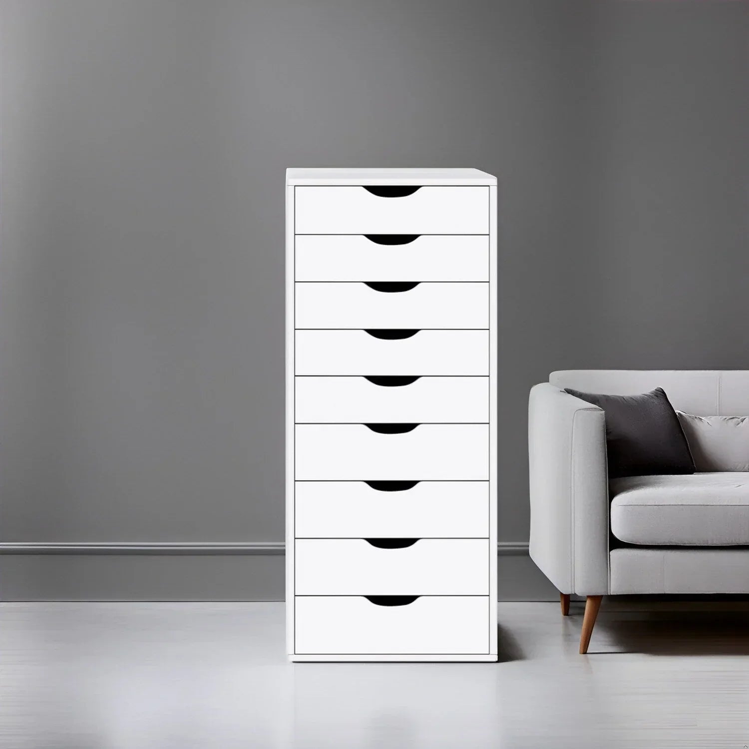 Étroite commode en bois à 9 tiroirs coulissants et étagère de rangement supérieure