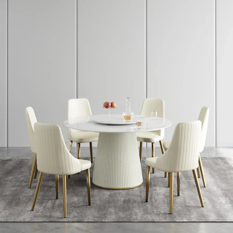 Table à manger ronde de 53 pouces pour 6 personnes avec plateau en pierre frittée et plateau tournant (Lazy Susan)