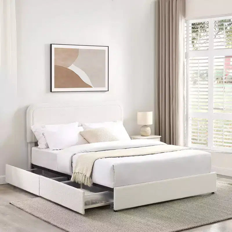 Lit Queen Size Moderne Rembourré en Boucle avec Tiroirs de Rangement