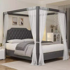 Cadre de lit à baldaquin Queen Size avec 4 poteaux, supports d'angle, sommier à lattes en bois massif, pas besoin de sommier tapissier, sans bruit