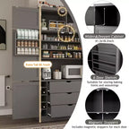 Grand meuble de garde-manger de cuisine avec prises électriques, grand placard autoportant avec support pour micro-ondes, tiroirs, étagères, casiers à vin et étagère de porte