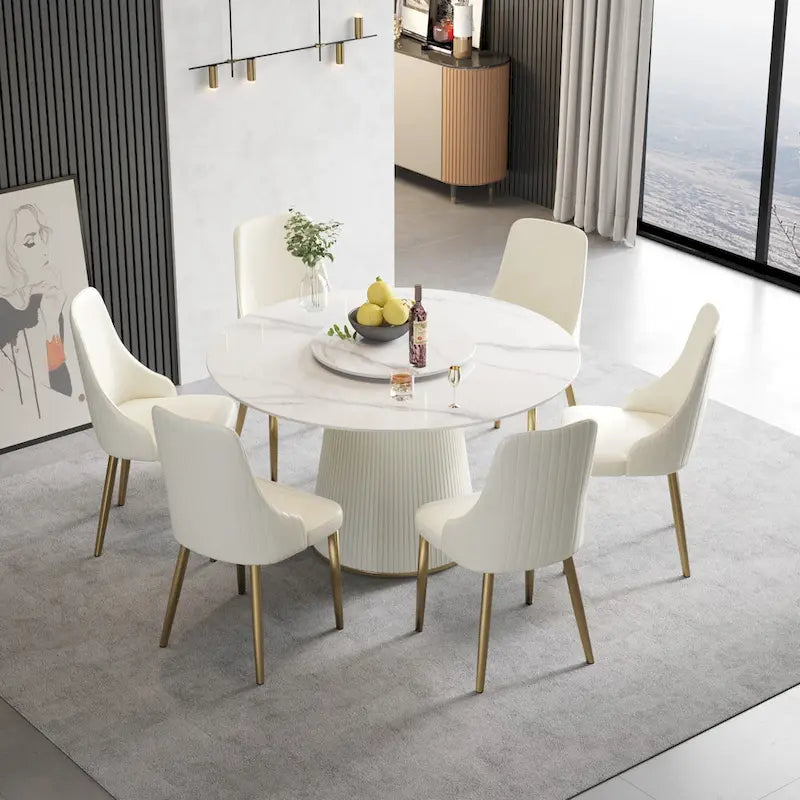 Table à manger ronde de 53 pouces pour 6 personnes avec plateau en pierre frittée et plateau tournant (Lazy Susan)