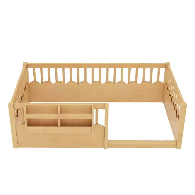Lit d'enfant Bellemave avec clôture rehaussée et étagère, cadre de lit Montessori double en bois pour filles et garçons