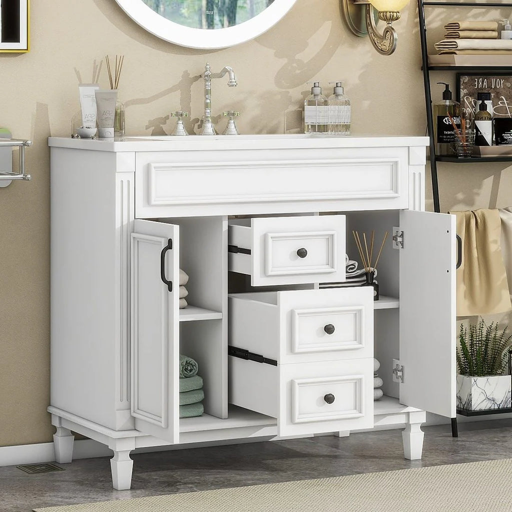 Meuble-lavabo de salle de bain moderne de 91 cm avec lavabo et armoire de toilette, 2 portes et 2 tiroirs