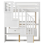 Lit mezzanine en bois massif naturel et blanc avec bureau et tiroirs