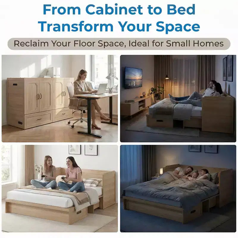 Lit escamotable convertible Queen Size Mjkone avec matelas, chargement USB, tiroirs de rangement