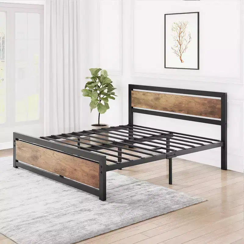 Cadre de lit robuste avec tête et pied de lit, plateforme métallique avec rangement de 35 cm, sans bruit et assemblage sans outils, marron vintage