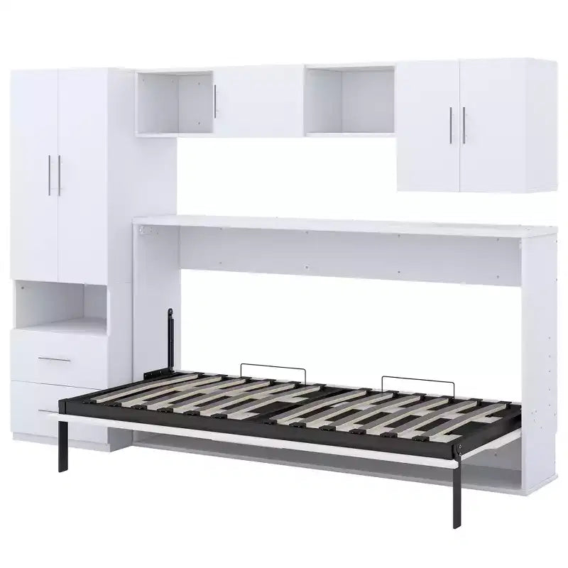 Lit escamotable mural simple, cadre de lit escamotable en bois avec armoire intégrée, tiroirs de rangement et étagères ouvertes, blanc - ModernLuxe