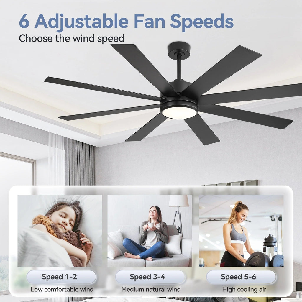 Ventilateur de plafond de 65 pouces à 8 pales noires avec lumière LED et télécommande