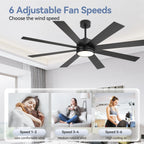 Ventilateur de plafond de 65 pouces à 8 pales noires avec lumière LED et télécommande