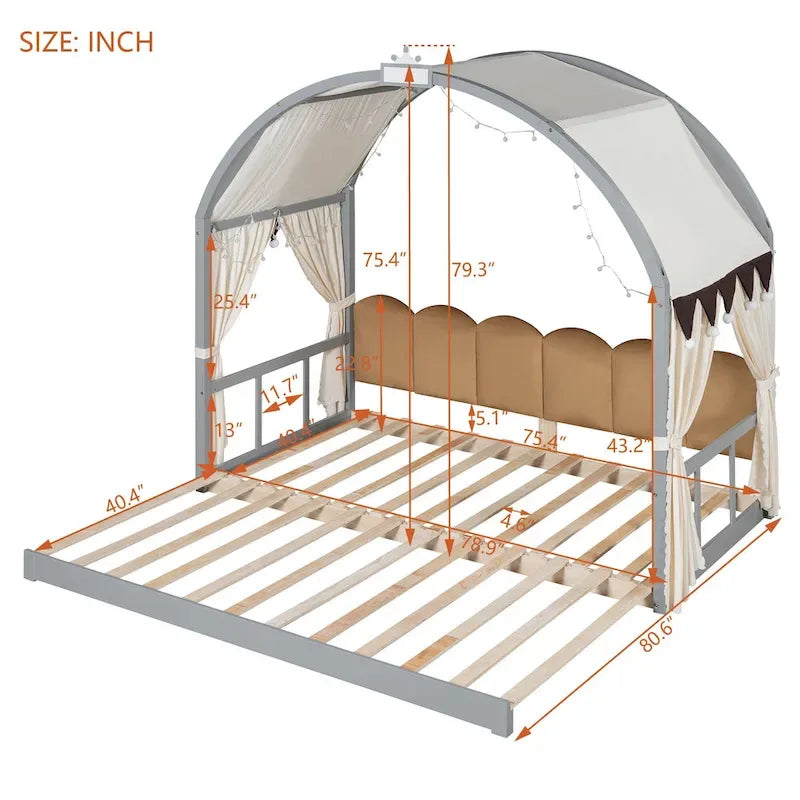 Lit cabane Montessori en bois massif avec plateforme, toit voûté et lit gigogne pour filles et garçons