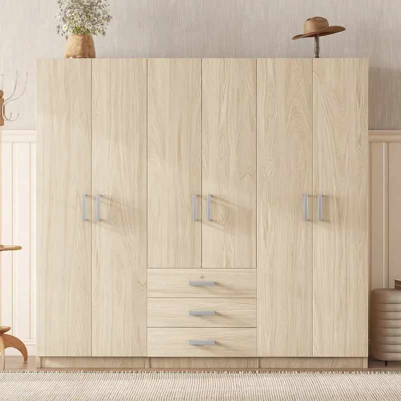 Armoire 6 portes en bois avec 3 grands tiroirs de rangement pour chambre à coucher