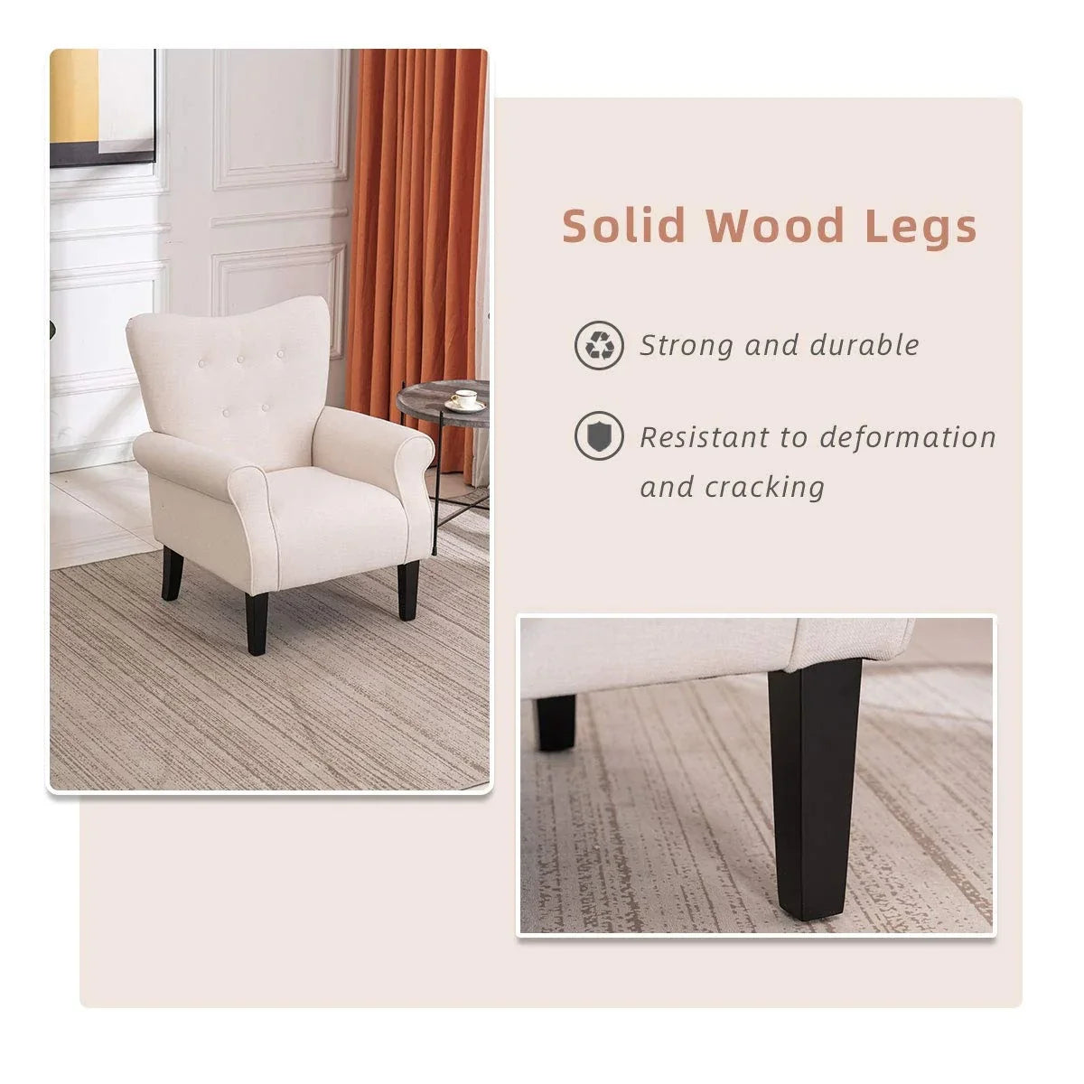 Fauteuil d'appoint moderne Erommy, fauteuil à dossier haut, canapé simple en tissu rembourré avec boutons et pieds en bois pour salon