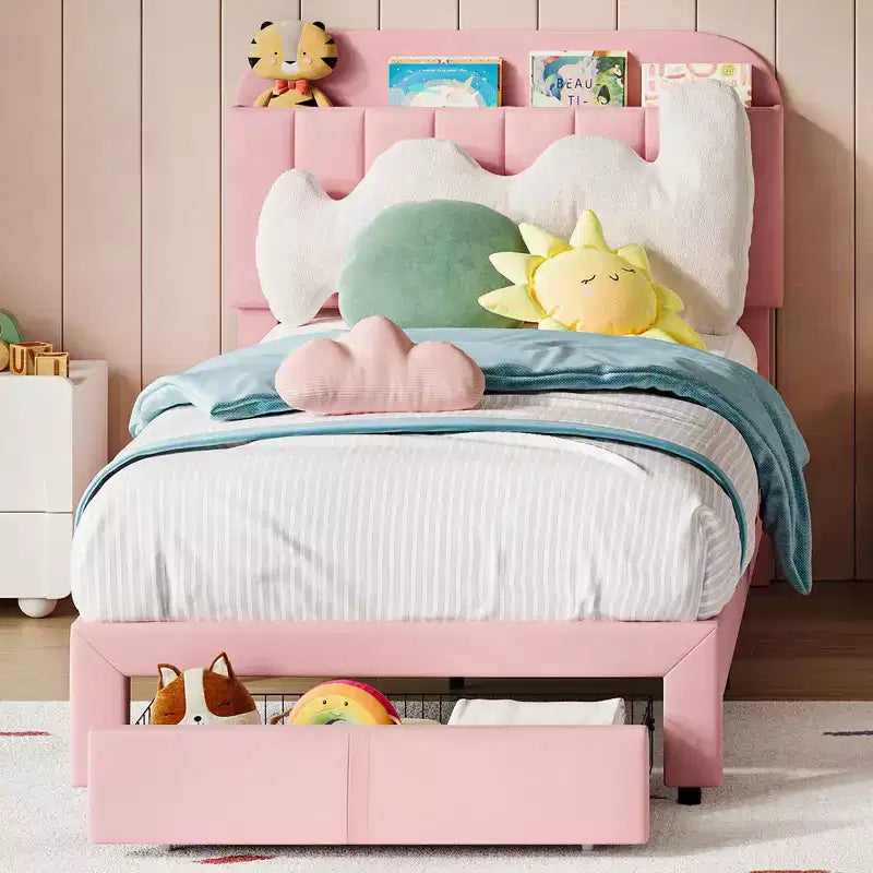 Lot de 2 sommiers de lit jumeaux avec tiroirs de rangement et tête de lit, en velours, profil bas, silencieux, montage facile Rose