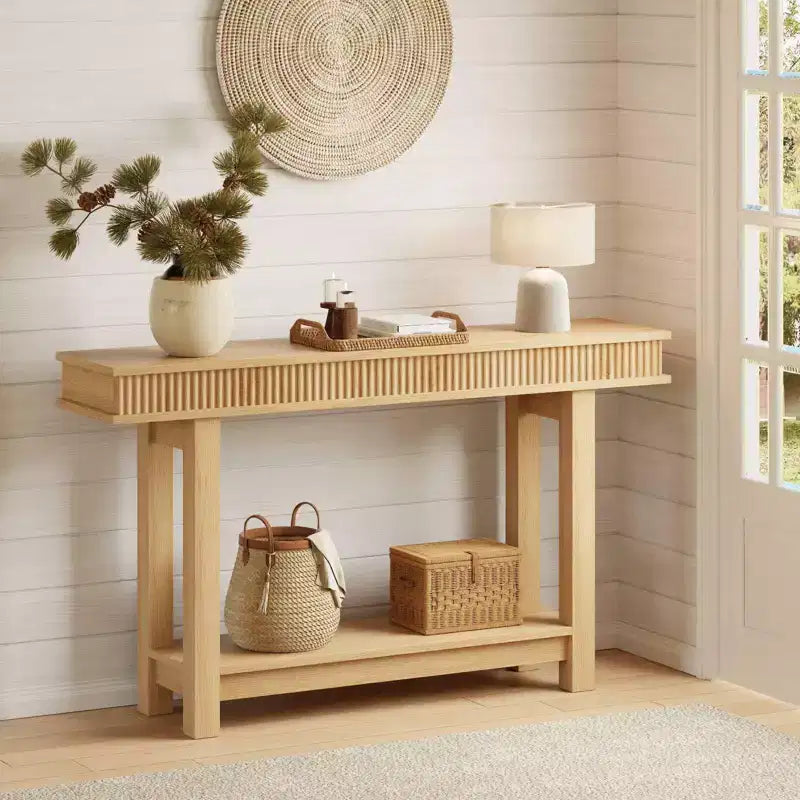 Console en bois cannelé de style campagnard, 2 niveaux avec étagère de rangement, table d'entrée rectangulaire étroite, derrière le canapé, pour hall d'entrée, couloir, salon