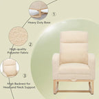 Fauteuil à bascule rembourré moderne de 75 cm de hauteur avec dossier haut, pieds en bois massif et repose-pieds réglable