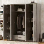 Armoire 4 portes en bois avec tringle, 1 tiroir et étagères de rangement