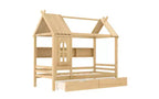 Lit cabane avec tiroirs de rangement et fenêtre, cadre en bois massif avec étagères, design amusant et enfantin, blanc clair