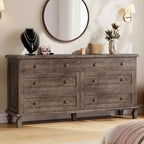 Commode à 8 tiroirs pour chambre à coucher, meuble TV vintage de 59 po avec poignées sculptées et pieds fuselés, commode en bois avec grande capacité de rangement