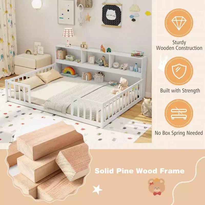 Lit de sol Montessori double/complet avec étagères de rangement et barrières de sécurité Blanc/Gris