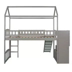 Lit mezzanine jumeau avec toboggan et escalier, lit mezzanine avec tiroirs de rangement, lit mezzanine cabane en bois pour enfants et tout-petits