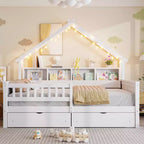 Cadre de lit maison pleine grandeur avec tiroirs, lit plate-forme maison avec lumières LED, étagères de rangement et tiroirs, lit de repos en bois avec toit et garde-corps