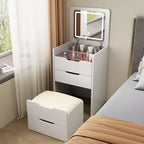 Coiffeuse 3-en-1 Okak avec miroir rabattable, coiffeuse compacte avec plateau en verre visible et tabouret rembourré, coiffeuse pour chambre à coucher