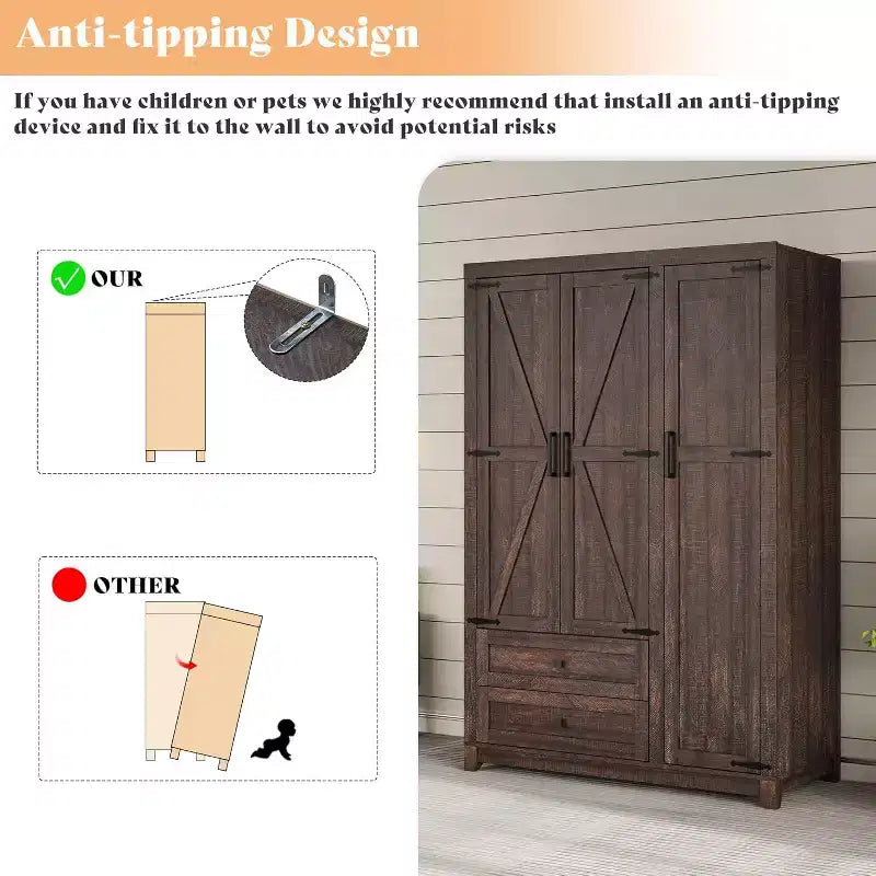 AMERLIFE Armoire de garde-robe de ferme 47 avec 3 portes, 2 tiroirs, tringle à vêtements et étagères réglables, organisateur de placard autoportant
