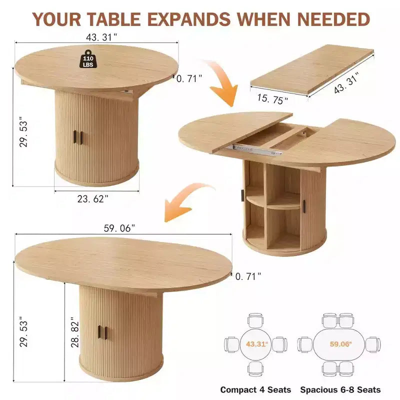 Dyonery 63 Table de salle à manger de cuisine ronde extensible avec étagère de rangement à 2 niveaux, avec base piédestal, meuble de salle à manger ovale en bois, noyer