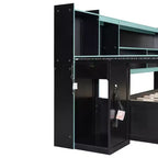 Lit de repos Gamer Hub avec bureau, lumières RGB, station de recharge, tiroirs de rangement et tête de lit bibliothèque