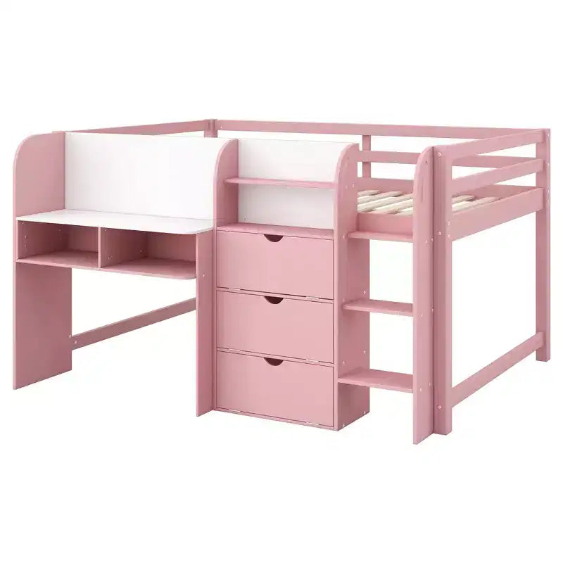 Lit mezzanine bas rose et blanc avec bureau, rangements et tableau blanc – Jumeau, 1 personne