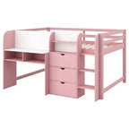 Lit mezzanine bas rose et blanc avec bureau, rangements et tableau blanc – Jumeau, 1 personne