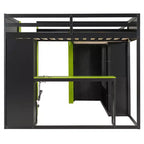 Lit mezzanine de jeu en L avec bureaux, lits superposés doubles avec lumières LED, ports USB, étagères de rangement, lit mezzanine d'angle en bois pour 2 personnes