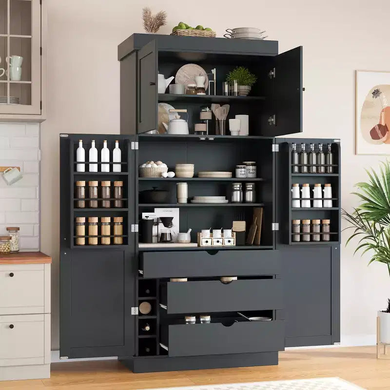 Garde-manger de cuisine autoportant 77H, armoire de rangement de style ferme avec étagères réglables, étagères de porte, tiroirs et casiers à vin - ModernLuxe