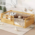Lit d'enfant Bellemave avec clôture rehaussée et étagère, cadre de lit Montessori double en bois pour filles et garçons
