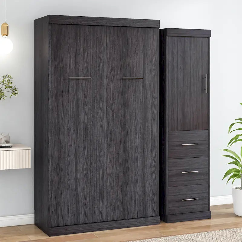 Lit escamotable gris avec armoire et 3 tiroirs, grand lit/lit simple, 1 personne