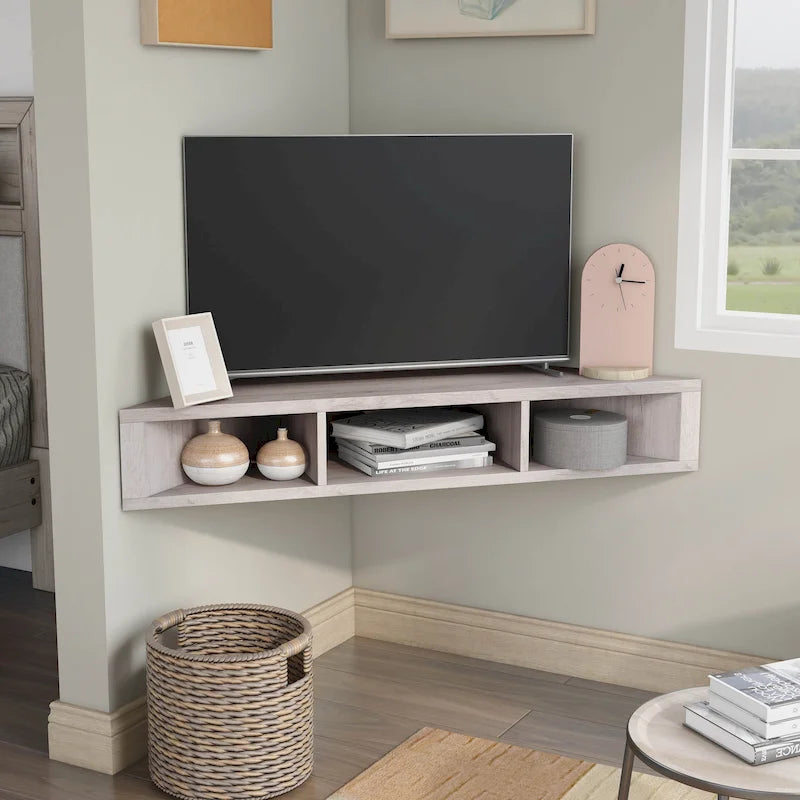 Meuble TV d'angle flottant 47", 3 étagères, style transitoire, fixation murale peu encombrante