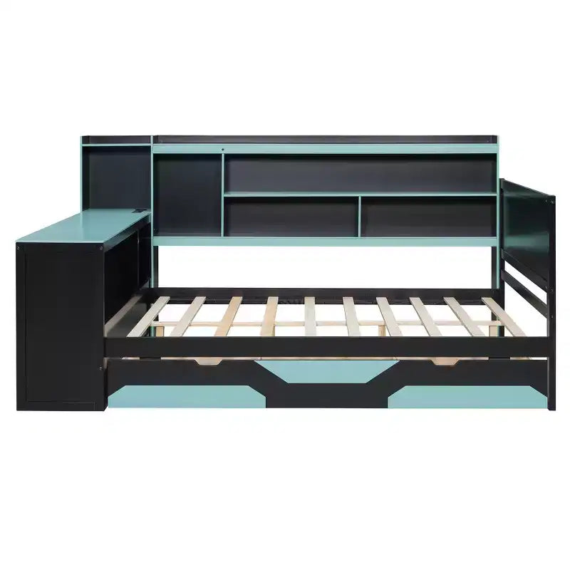 Lit de repos de jeu double/grand avec tête de lit bibliothèque, lumières LED, bureau intégré, tiroirs et station de charge